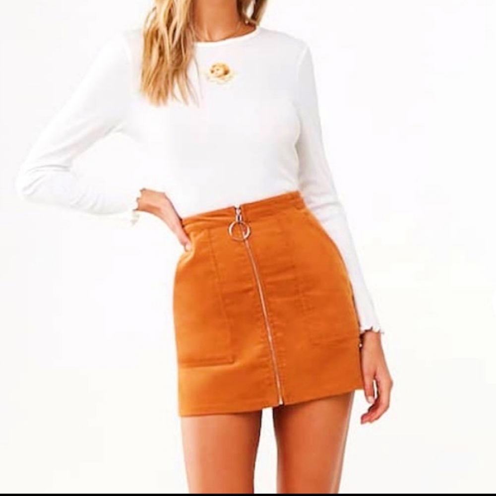 Copper Corduroy Zip Up Mini Skirt